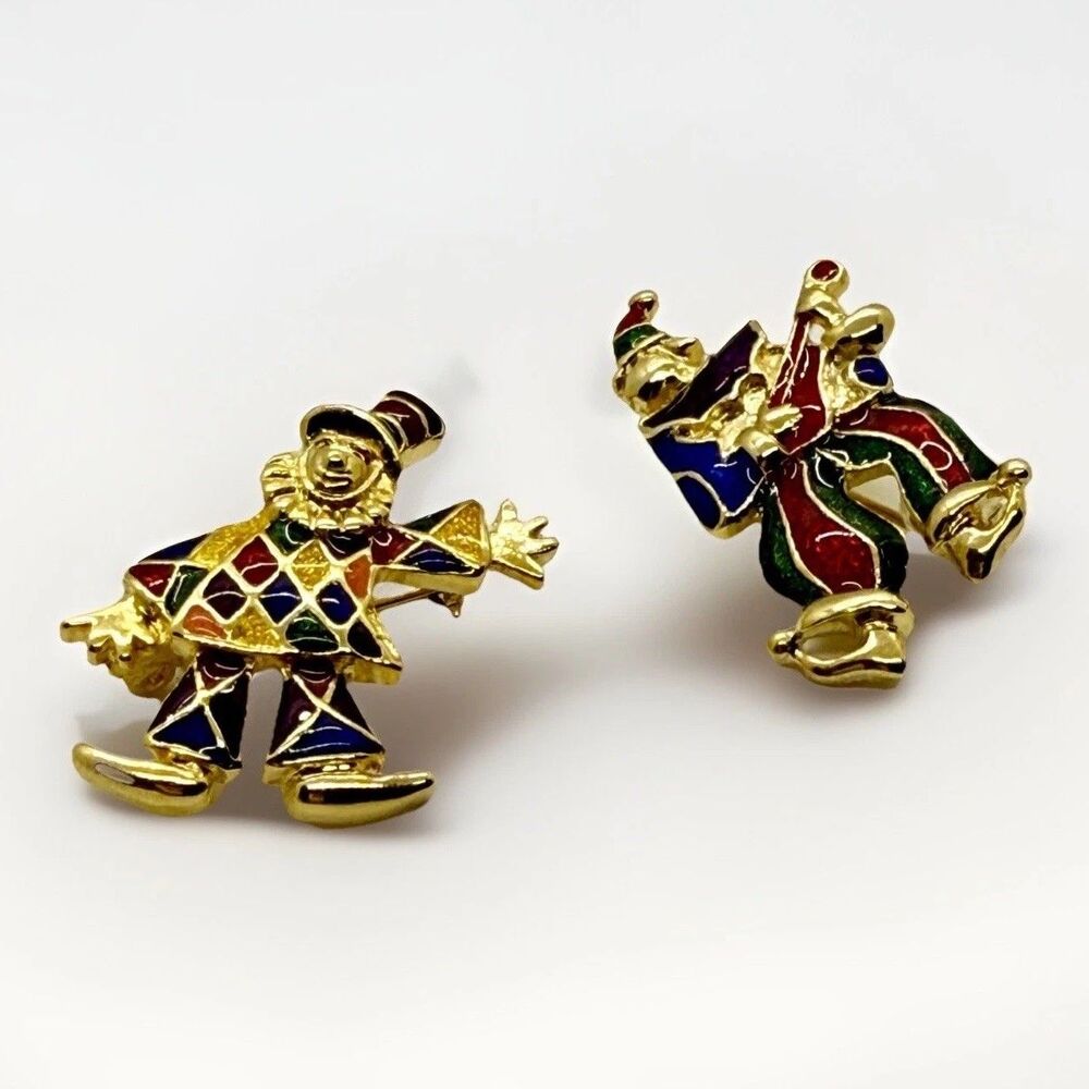 Myers Suzio VTG Enamel Clown Brooches Set Of 2 Gold Tone Harlequin Jester Pins